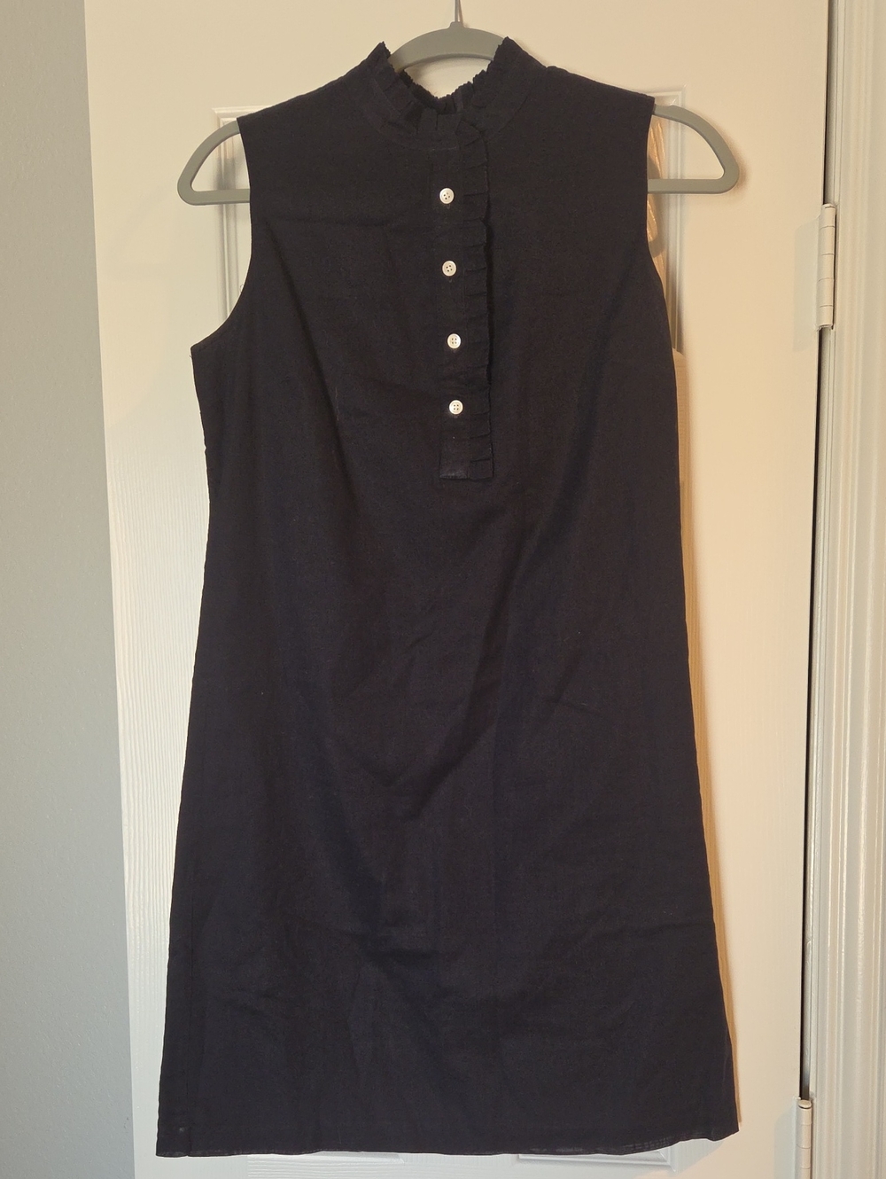 Lands' End Navy Sleeveless Ruffled-Stand Button-Front Casual Dress
